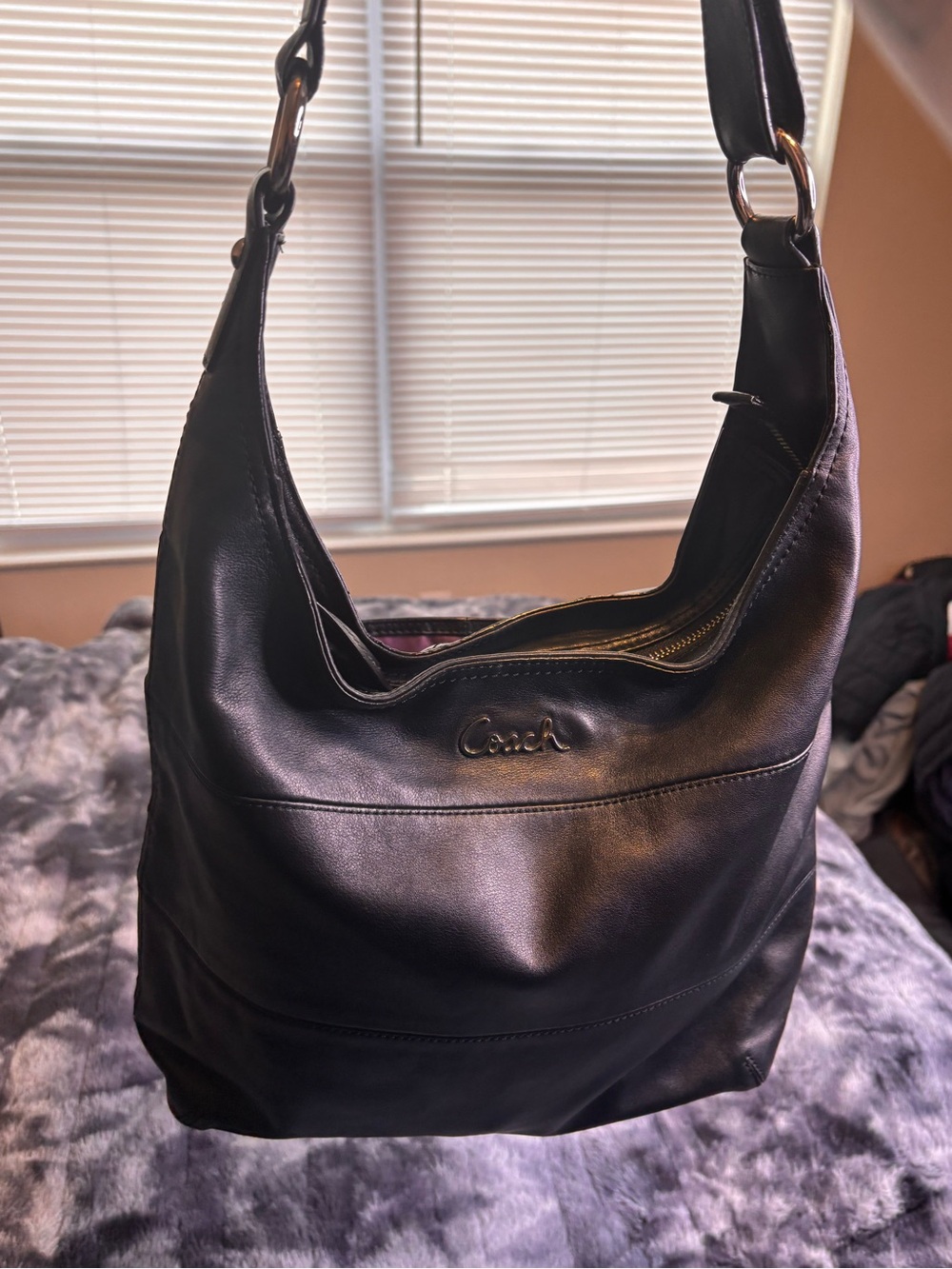 Coach Black Leather Shoulder Bag with Purple Lining